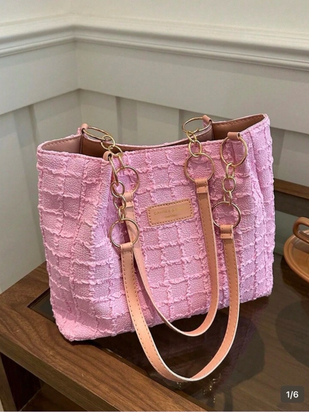 Pink Textured Tote Bag with Gold Ring Handles - Unbranded